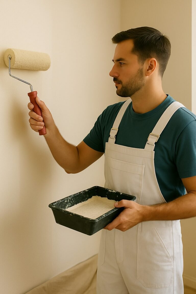 Schilder in witte overall die met een verfroller een binnenmuur egaal verft, terwijl hij een verfbak met witte muurverf vasthoudt