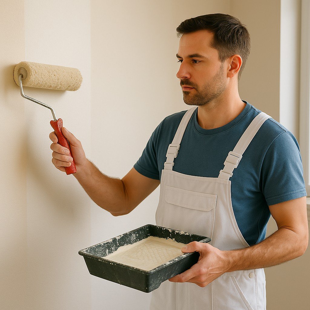 Schilder brengt muurverf aan met roller voor een strakke en egale afwerking