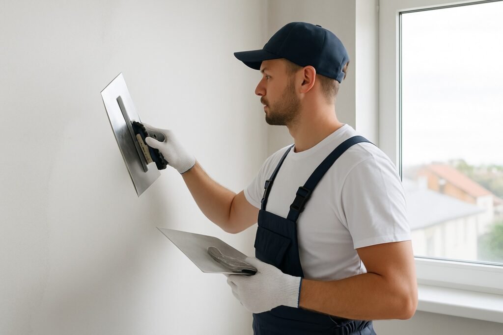 Stukadoor brengt pleisterwerk aan op een muur met een spaan.