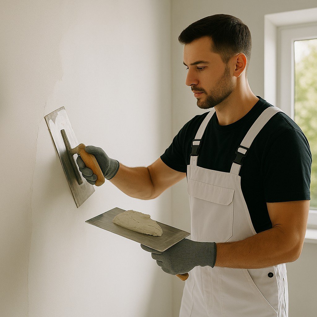 Stukadoor strijkt verse pleister glad op een binnenmuur met spaan, nauwkeurig werk naast een raamopening.