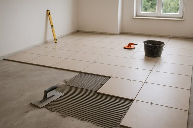 Tegelvloer in aanleg met lichte vloertegels, lijm met getande spaan en waterpas in een lege kamer.