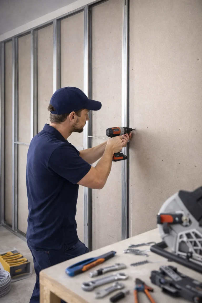 Vakman bevestigt gipsplaat op metal stud frame met accuschroefmachine