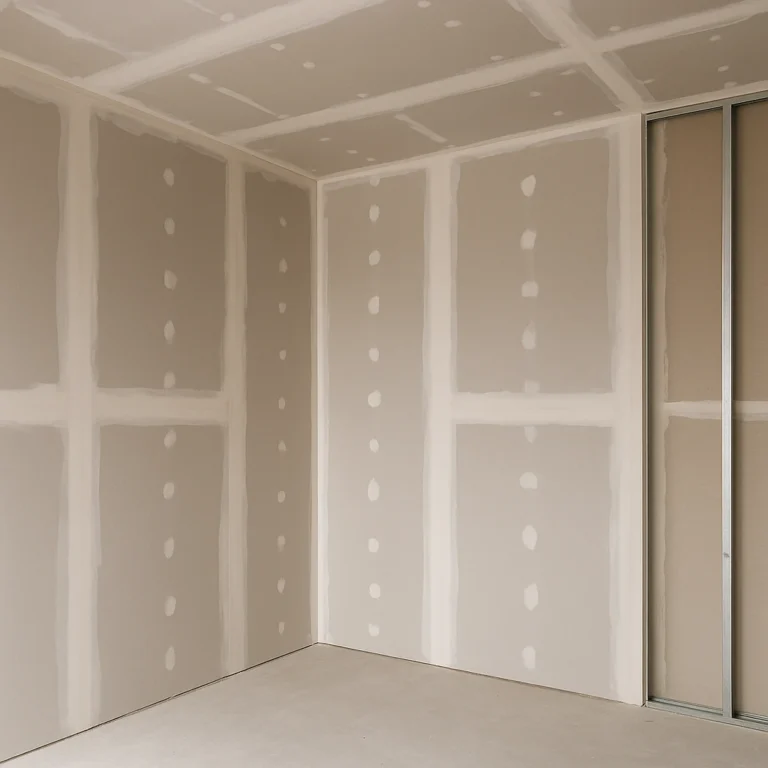 Ruimte in aanbouw met strak geplaatste gipsplaten en afgewerkte naden op wanden en plafond.