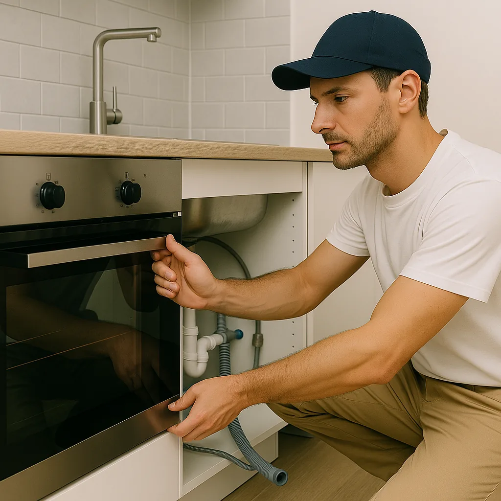 Monteur plaatst en stelt inbouwoven tijdens keuken montage