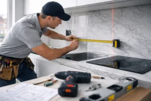 Keukenmonteur meet nauwkeurig afstanden tijdens keuken montage voor perfecte maatvoering
