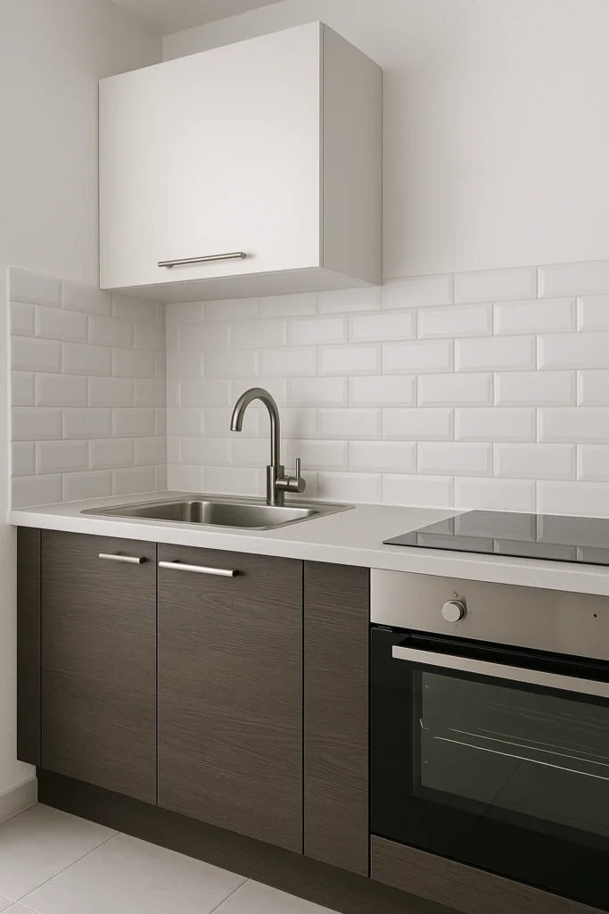 Strakke moderne keuken met nieuwe montage: witte bovenkast, donkere onderkasten, rvs-kraan en inductiekookplaat.