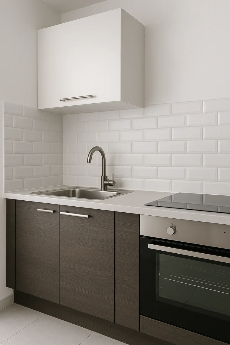 Strakke moderne keuken met nieuwe montage: witte bovenkast, donkere onderkasten, rvs-kraan en inductiekookplaat.