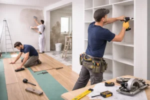 Klusbedrijf voert wandafwerking, vloer leggen en maatwerk timmerwerk uit in een moderne woning.