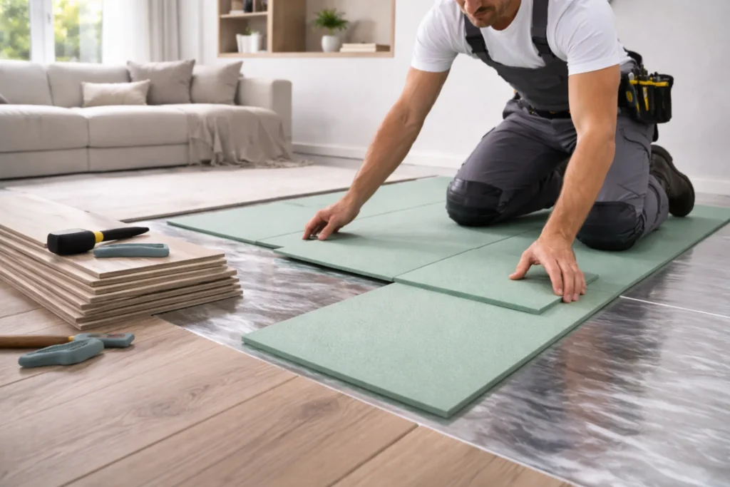 Vloerenlegger plaatst geluidsdempende ondervloer onder laminaat in een lichte woonkamer.