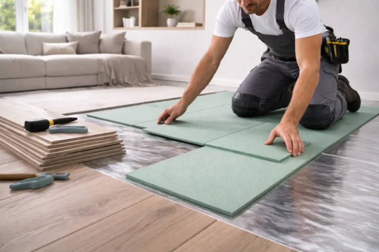 Vloerenlegger plaatst geluidsdempende ondervloer onder laminaat in een lichte woonkamer.