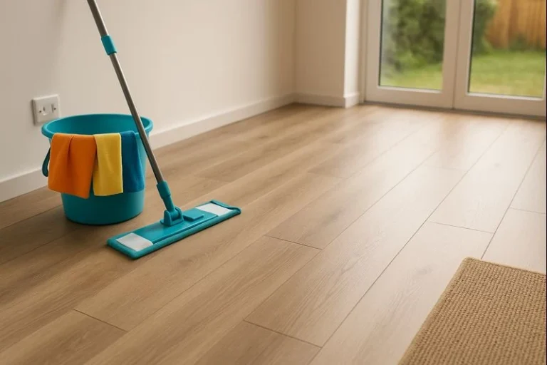 Schone kamer met licht laminaat, mop en emmer met doeken als symbool voor onderhoud na laminaat laten leggen.