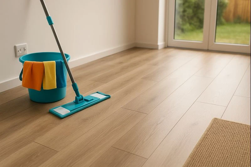 Schone kamer met licht laminaat, mop en emmer met doeken als symbool voor onderhoud na laminaat laten leggen.
