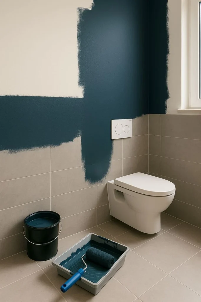 Badkamer met deels geschilderde muur in donkere verf, met verfroller, verfbak en emmer op de vloer als voorbeeld van muur schilderen in vochtige ruimtes.