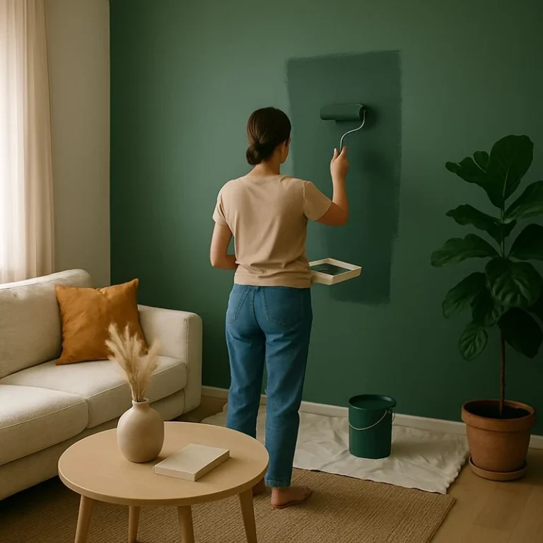 Vrouw die een groene muur verft met een roller in een rustige, modern ingerichte woonkamer, passend bij advies over muur verven en sfeer creëren.