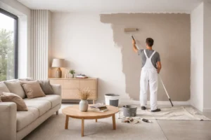 Professionele schilder rolt een egale verflaag op een binnenmuur in een moderne, lichte woonkamer