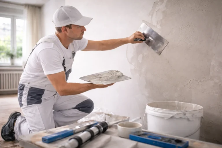 Stukadoor brengt glad stucwerk aan op een wand tijdens renovatie