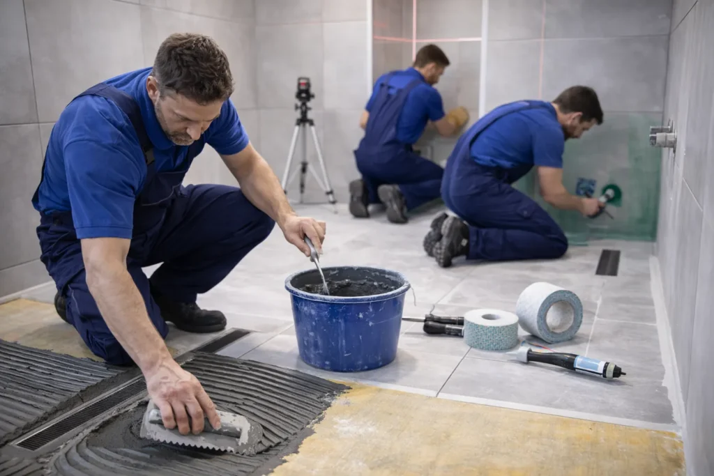 Professionele tegelwerken waarbij ondergrond, waterdichting en tegels zorgvuldig worden aangebracht