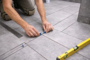 Tegelzetter plaatst keramische vloertegels met afstandhouders voor strak patroon en gelijkmatige voegen.