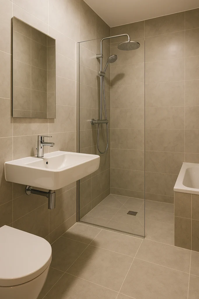 Moderne badkamer met grootformaat wand- en vloertegels, inloopdouche met glaswand en strak sanitair.