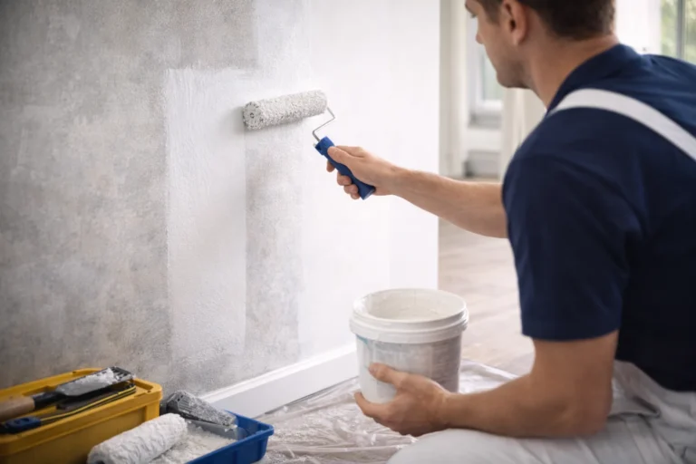Een schilder gebruikt een blauwe roller om een muur met witte primer gelijkmatig aan te brengen als voorbereiding op stucwerk.