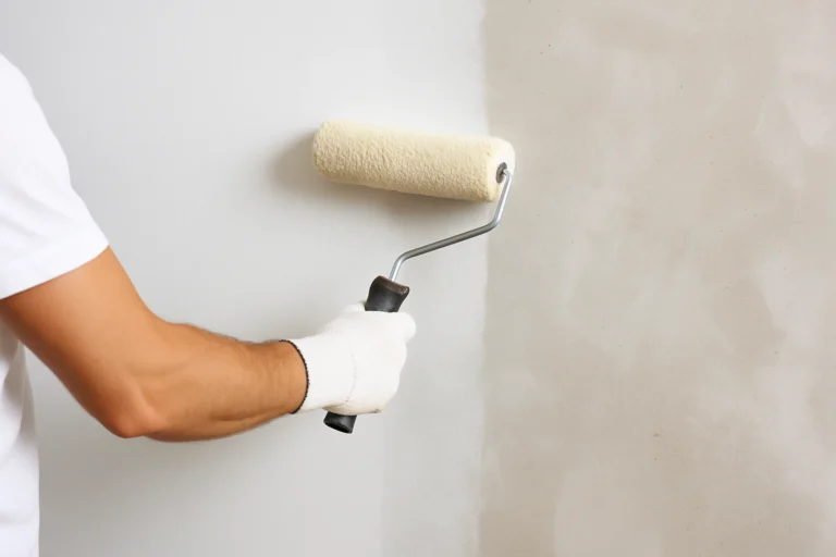 Schilder brengt voorstrijk aan op een gestucte muur met een verfroller, waarbij het verschil tussen onbehandelde en voorgestreken ondergrond duidelijk zichtbaar is.