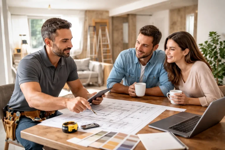 Renovatiegesprek aan tafel: vakman met gereedschapsriem bespreekt bouwtekening met een stel in een woning in verbouwing.