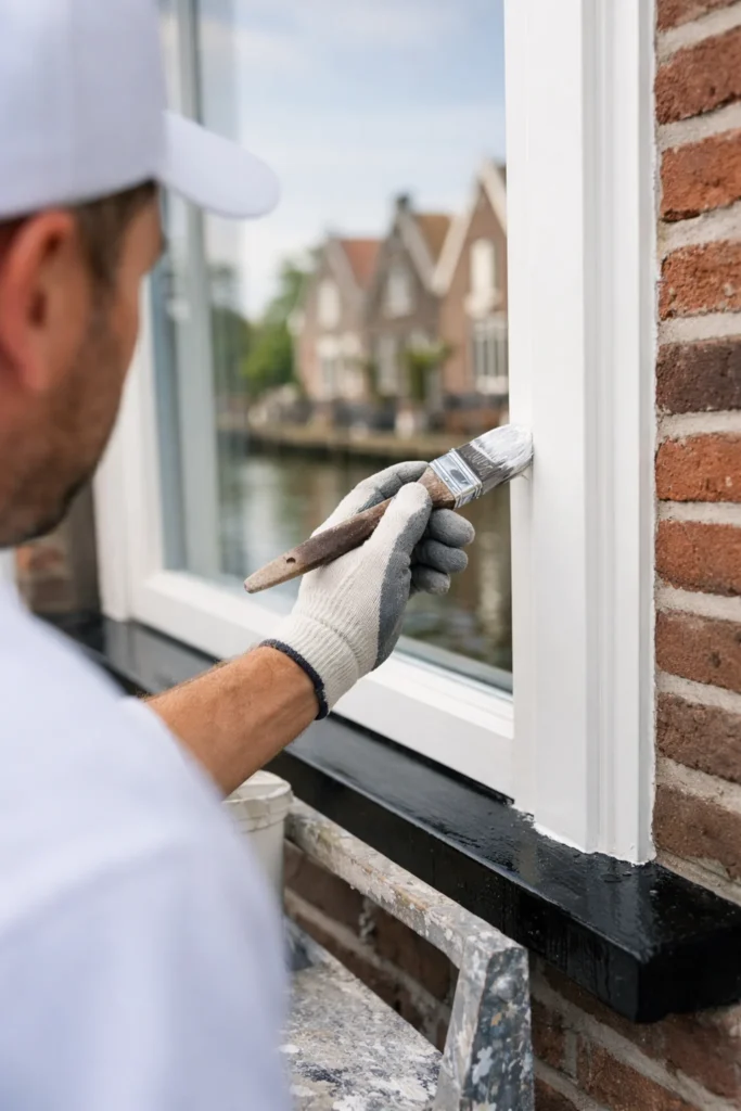 Schilder in Gorinchem brengt verf aan op buitenkozijn voor bescherming en nette afwerking