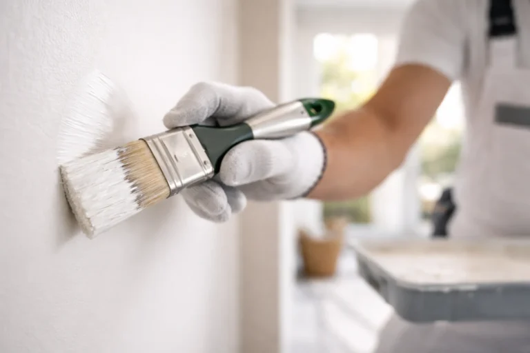 Schilder brengt witte verf aan op een muur voor strak schilderwerk in een woning