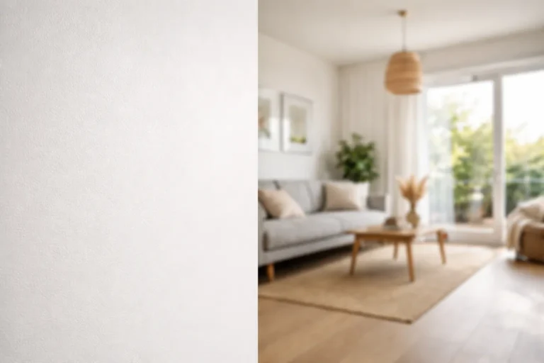 Strak gestucte muur in een lichte woonkamer met veel daglicht