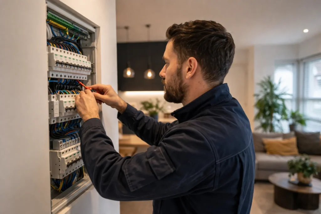 Elektricien in Gorinchem werkt aan een moderne meterkast in een woning