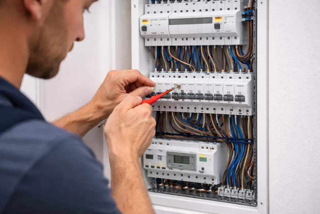 Elektricien werkt aan een nieuwe meterkast in Gorinchem voor veilige stroomverdeling