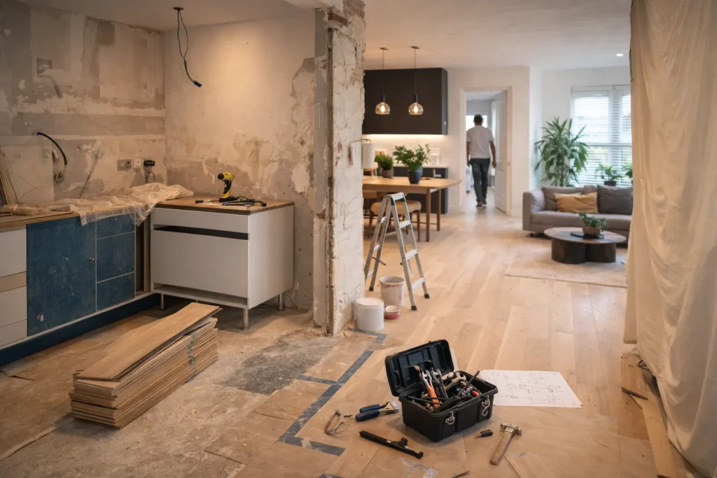 Renovatie in Gorinchem met woning in verbouwing en strakke afgewerkte leefruimte