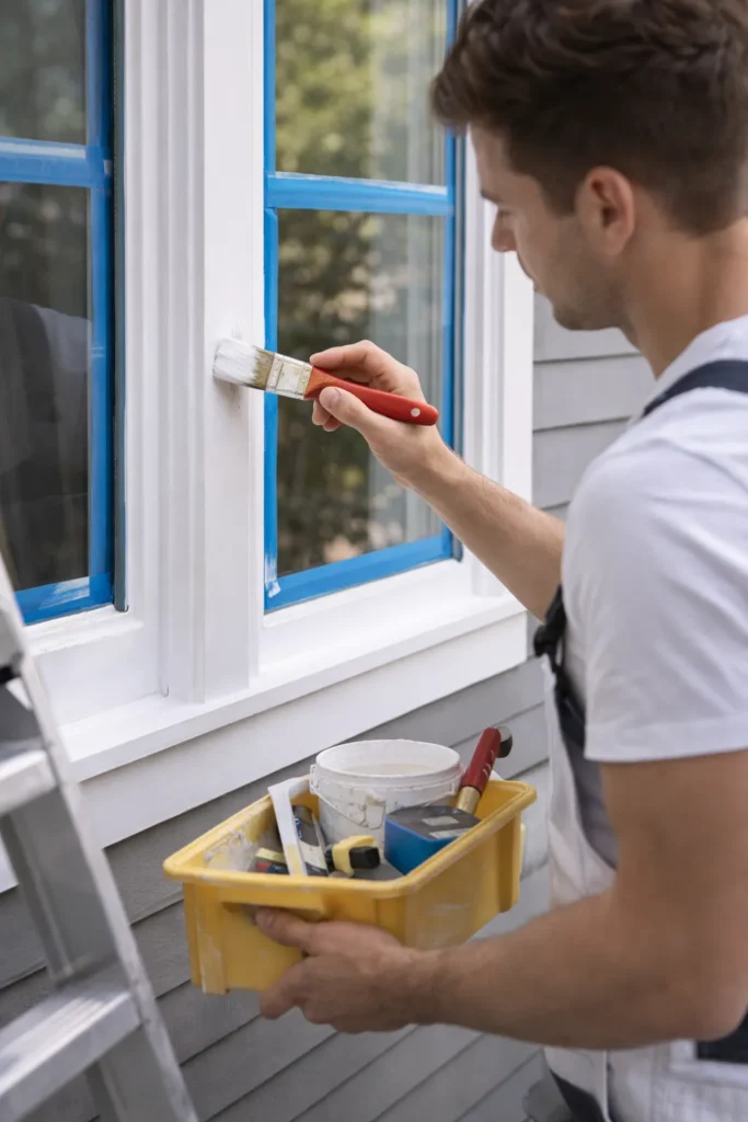 Professionele schilder in Gorinchem schildert een houten kozijn strak en zorgvuldig