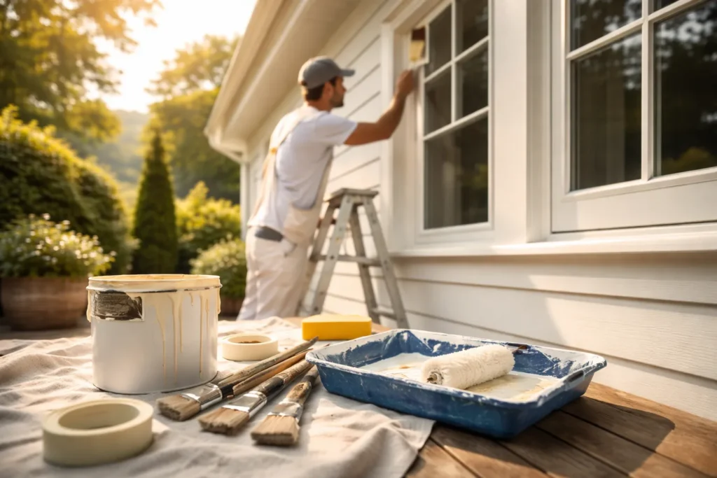professionele schilder werkt aan buitenkozijnen van woning voor schilderwerk Gorinchem