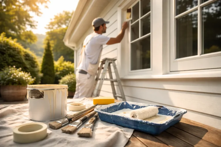 professionele schilder werkt aan buitenkozijnen van woning voor schilderwerk Gorinchem