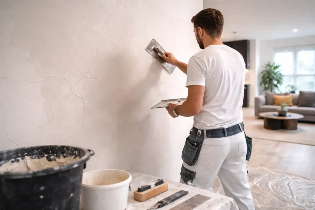 Stukadoor in Gorinchem werkt aan strak stucwerk op een wand in een moderne woning