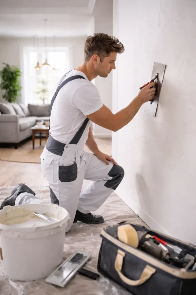 Professionele stukadoor in Gorinchem werkt een binnenmuur strak en egaal af