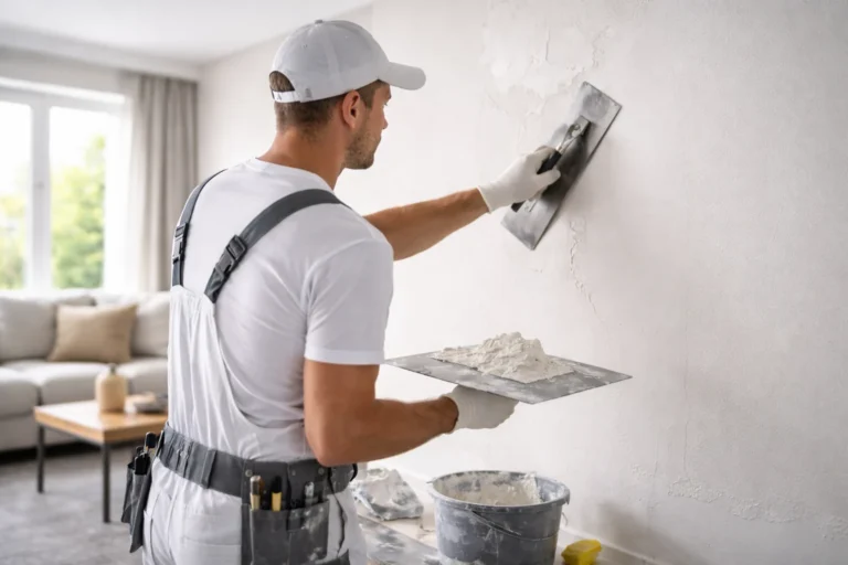 stukadoor Gorinchem brengt strak stucwerk aan op muur in lichte woonkamer