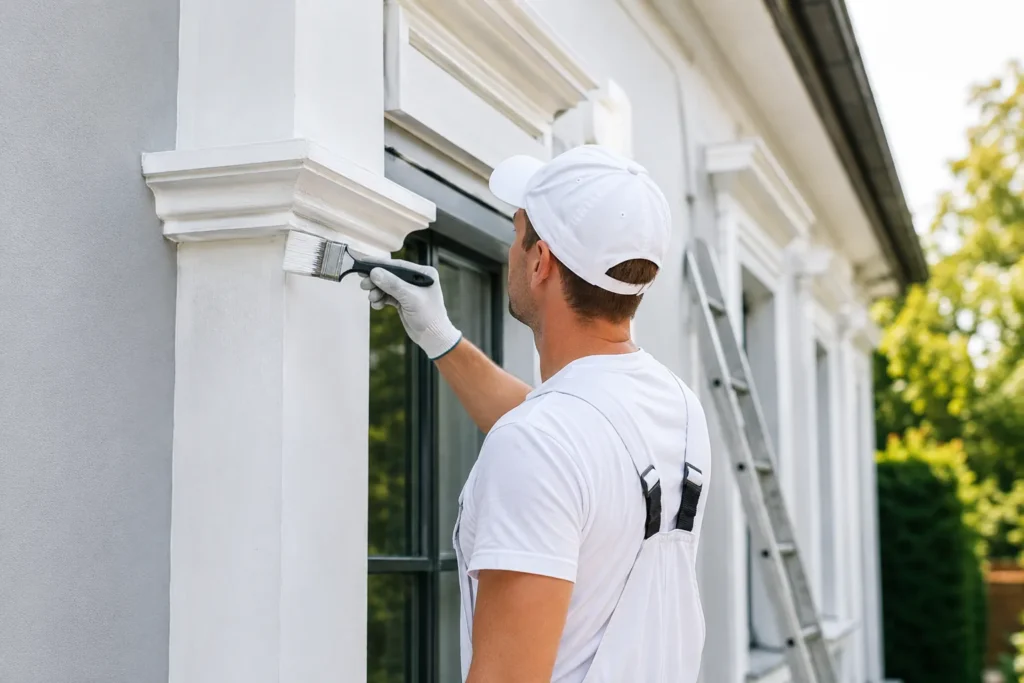 Schilder werkt aan strak wit schilderwerk rond een raam.