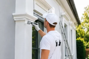 Schilder werkt aan strak wit schilderwerk rond een raam.