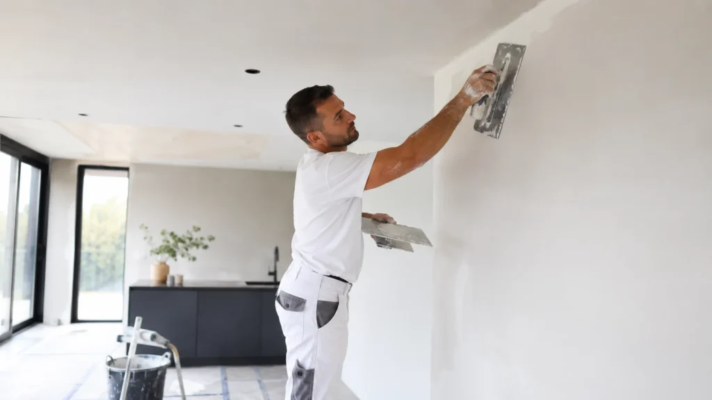 Stukadoor Gorinchem werkt een muur strak af in een moderne woning