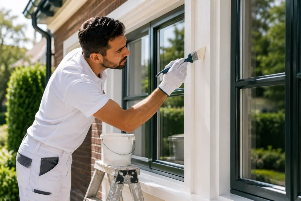 Schilder werkt aan buitenkozijnen van een woning in Gorinchem