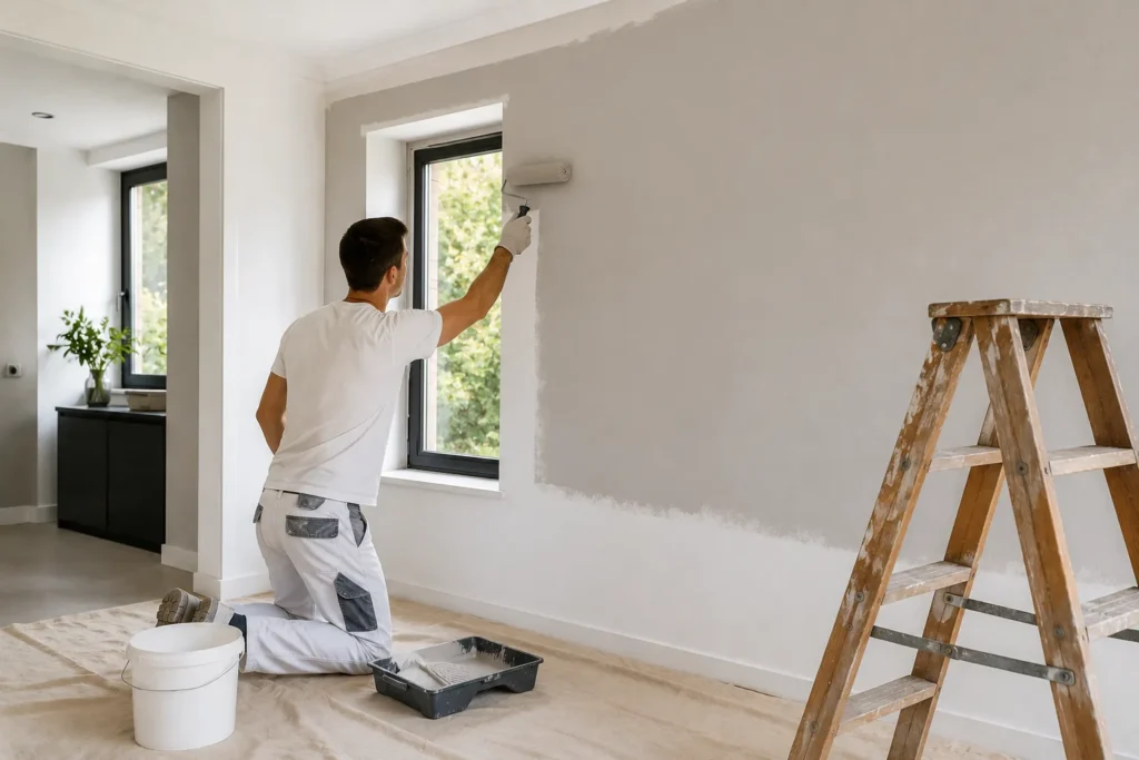 Schilder uit Gorinchem brengt verf aan op een binnenmuur voor duurzaam en professioneel schilderwerk