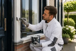Schilder voert schilderwerk uit aan kozijnen van een woning in Gorinchem