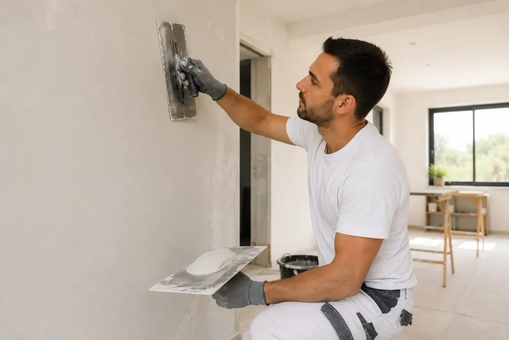 Stukadoor Gorinchem werkt aan strak stucwerk op een binnenmuur