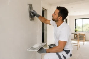Stukadoor Gorinchem werkt aan strak stucwerk op een binnenmuur