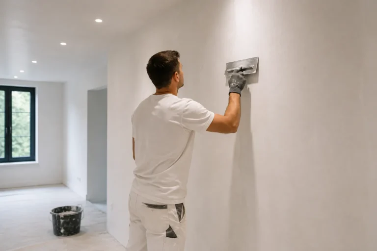 Stukadoor in Gorinchem brengt strak stucwerk aan op een moderne witte muur