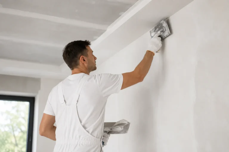 Stukadoor in Gorinchem brengt strak stucwerk aan op een moderne binnenmuur