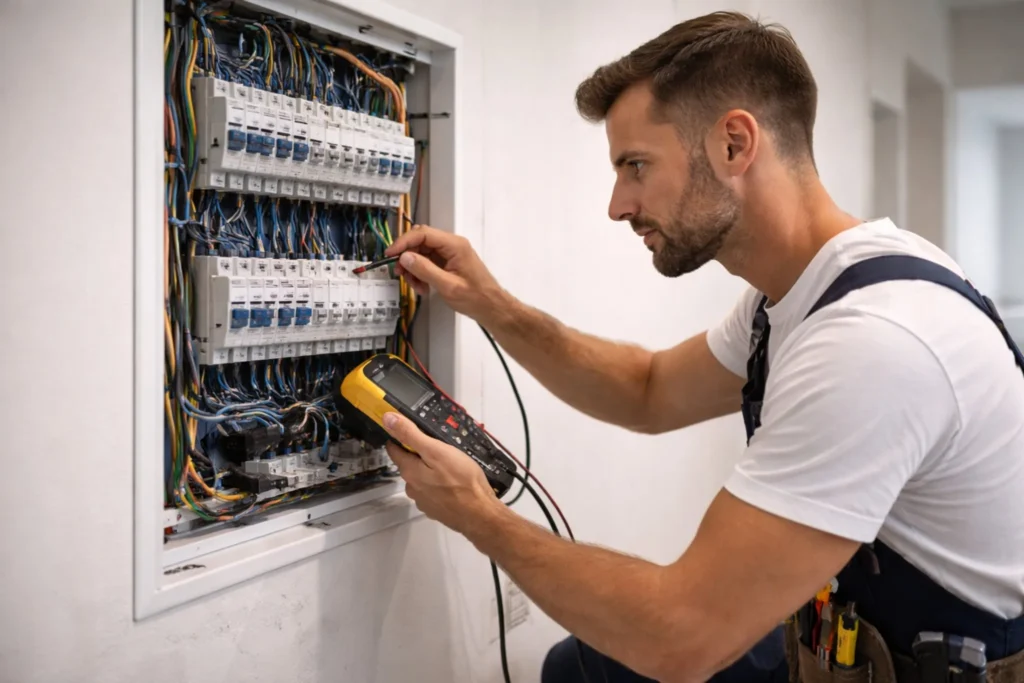 Elektricien Gorinchem controleert een meterkast en spoort veilig een elektrische storing op.
