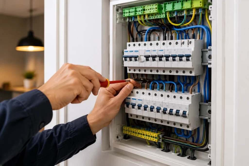 Elektricien Gorinchem werkt aan een moderne meterkast met groepen, bedrading en veilige elektrische aansluitingen.